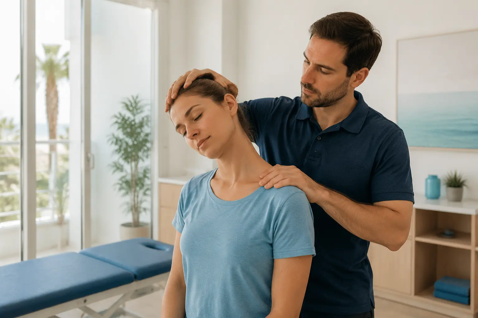 Fisioterapeuta en Almería valorando el cuello de una paciente con dolor de cabeza