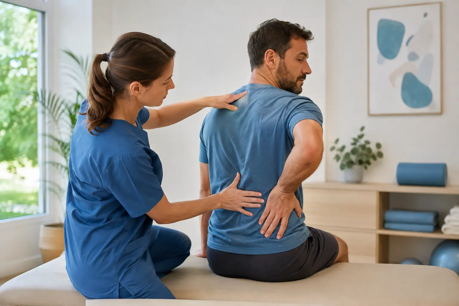 Fisioterapeuta en Almería valorando el movimiento lumbar de un paciente