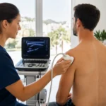 Fisioterapeuta en Almería realizando una valoración ecográfica del hombro